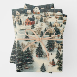 Vintage Christmas Village Wrapping Paper Geschenkpapier Set