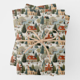 Vintage Christmas Village Wrapping Paper Geschenkpapier Set