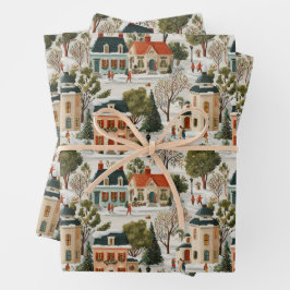 Vintage Christmas Village Wrapping Paper Geschenkpapier Set