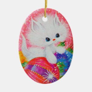 Vintage Christmas White Kitten Keramik Ornament