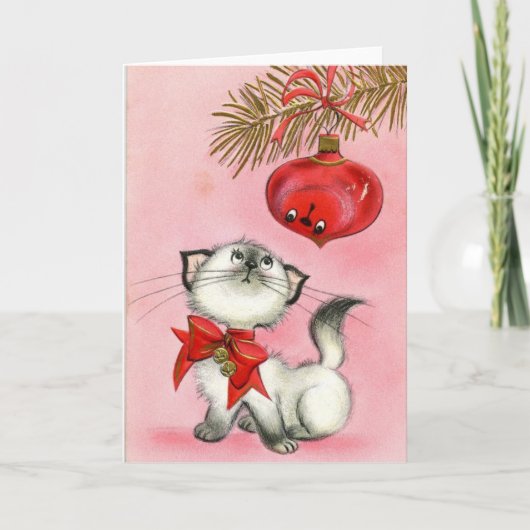 Vintage Christmas White Kitty Feiertagskarte (Vorderseite)