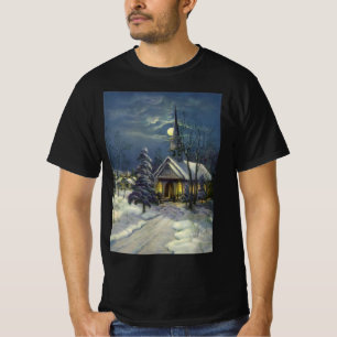 Vintage Christmas, Winter Church in Snow with Moon T-Shirt
