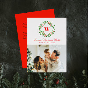 Vintage Christmas Wreath Monogram Foto Feiertagskarte