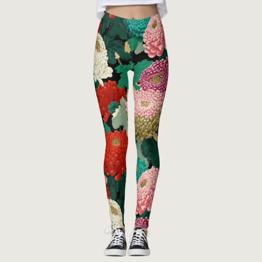 Vintage Chrysanthemum Flowers Botanical Patttern Leggings (Vorderseite)