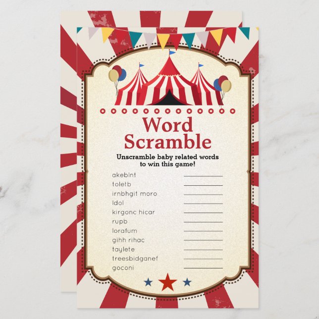 Vintage Circus Karneval Word Scramble Games (Vorne/Hinten)