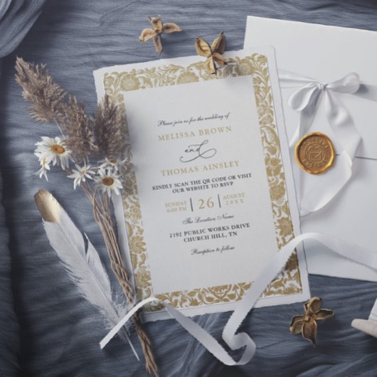 Vintage Classic Gold Budget QR Code Wedding Einladung