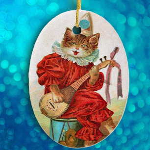Vintage Clown Narr Katze Mandoline Keramikornament