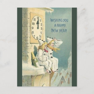 Vintage Clowns mit Wein neben der Uhr zum Neujahr Postkarte