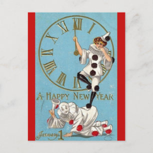 Vintage Clowns um Mitternacht Frohes Neues Jahr Postkarte