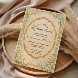 Vintage Coastal Daisy Quinceañera Einladung