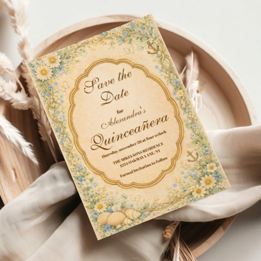 Vintage Coastal Daisy Quinceañera Save The Date