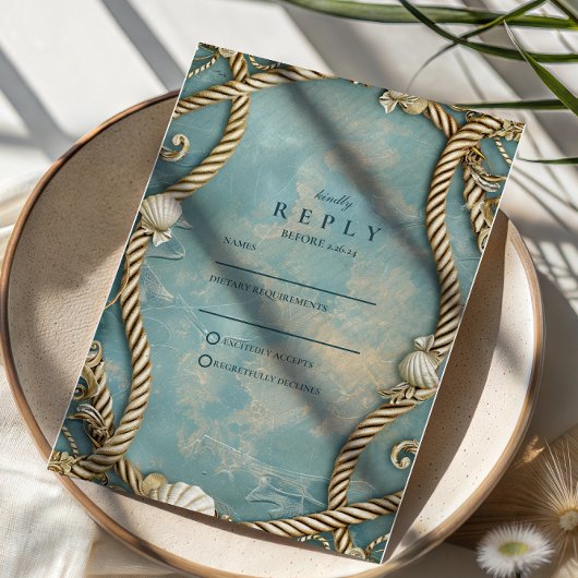 Vintage Coastal Rope Ocean Wedding RSVP Karte