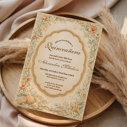 Vintage Coastal Seashell Quinceañera Einladung
