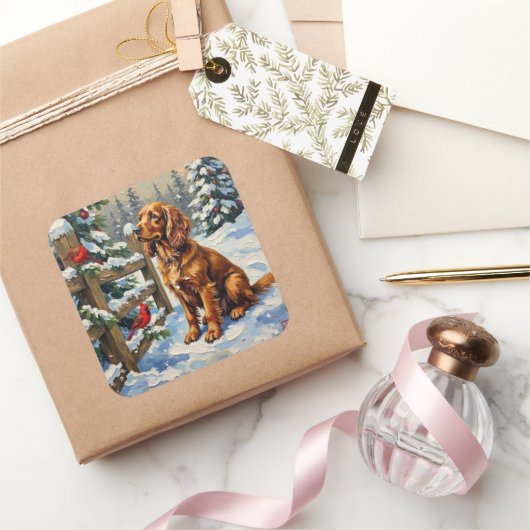 Vintage Cocker Spaniel and Cardinals Christmas Quadratischer Aufkleber (Schenken)