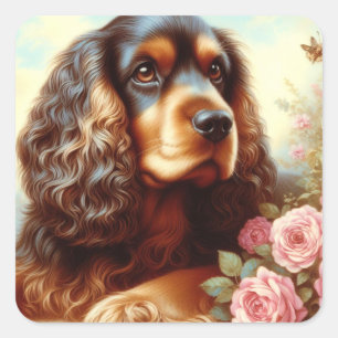 Vintage-Cocker-Spaniel-Malerei Quadratischer Aufkleber