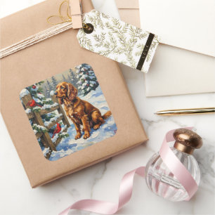Vintage Cocker Spaniel und Kardinale Weihnachten Quadratischer Aufkleber