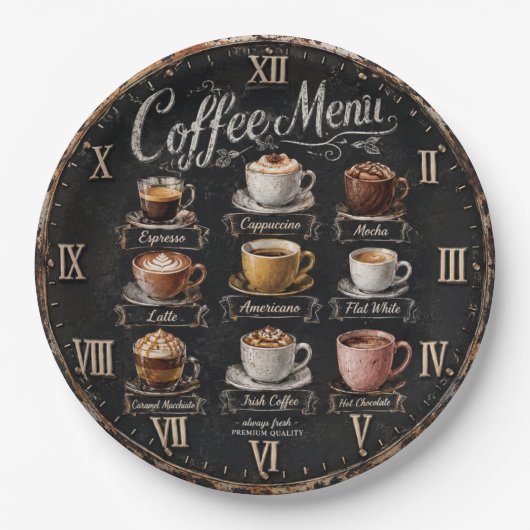 Vintage Coffee Menu Pappteller (Vorderseite)