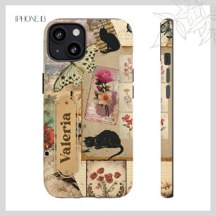 Vintage-Collage-Decoupage-Blumen-Smoking-Katze-Sch Case-Mate iPhone Hülle