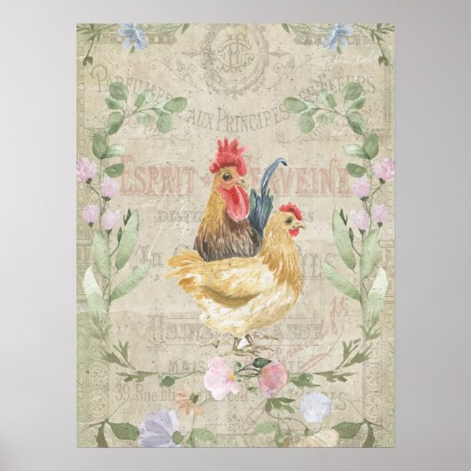 Vintage Collage - Hähne und Blume Poster (Vorne)