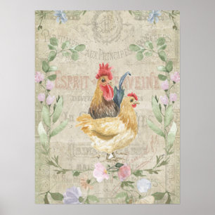 Vintage Collage – Hähne und Blumen Poster