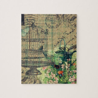 Vintage Collage mit Vogel und Vogelkäfig im Garten Puzzle