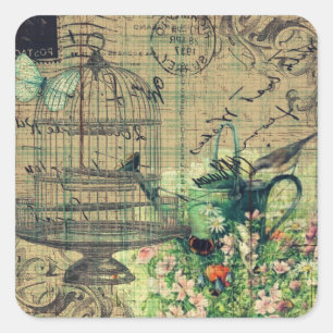 Vintage Collage mit Vogel & Vogelkäfig Garten Quadratischer Aufkleber