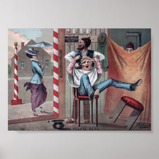 Vintage-Comical-Barbier-Laden-Illustration Poster (Vorne)