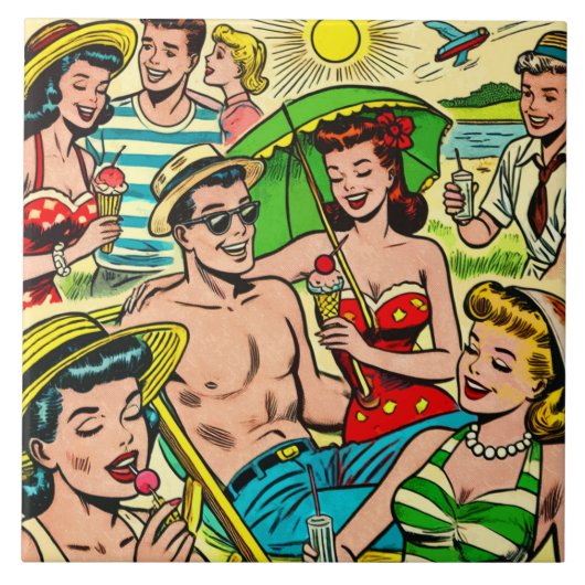 Vintage Comicen im Sommer Fliese (Vorderseite)