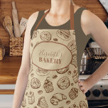 Vintage Cookies Muster personalisierte Namensgebur Schürze<br><div class="desc">Elegante,  Vintage Schürze in beige-braune und braune Schokolade mit Kuchen,  Donouts und Kekssortiermuster.         Einfach mit Ihrem Namen und Text personalisieren!                 Es kann ein inspiriertes personalisiertes Geschenk für Mutter,  Großmutter,  Braut,  um zu sein,  oder für Koch- oder Bäckereiliebhaber sein.</div>