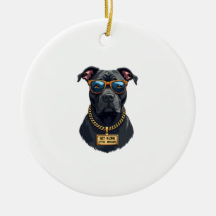 Vintage cooler Pitbull mit Sonnenbrille und Goldke Keramik Ornament