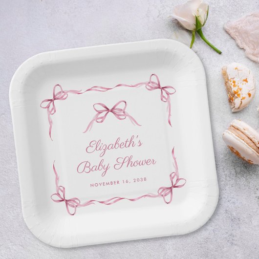 Vintage Coquette Bows Pink Baby Girl Dusche Pappteller