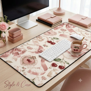 Vintage Coquette Rosa Schleife und Kirsch-Ästhetik Schreibtischunterlage