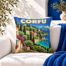Vintage Corfu Griechenland Reiseplakat Wurfkissen