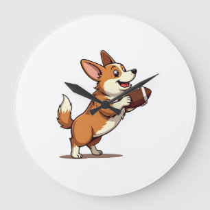 Vintage-Corgi-Fußball-Hund-Illustration Retro-Spor Große Wanduhr