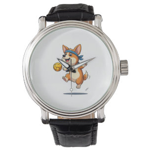 Vintage-Corgi-Volleyball-Illustration Süßer Hund A Armbanduhr
