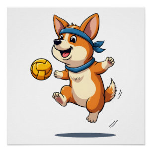 Vintage-Corgi-Volleyball-Illustration Süßer Hund A Poster