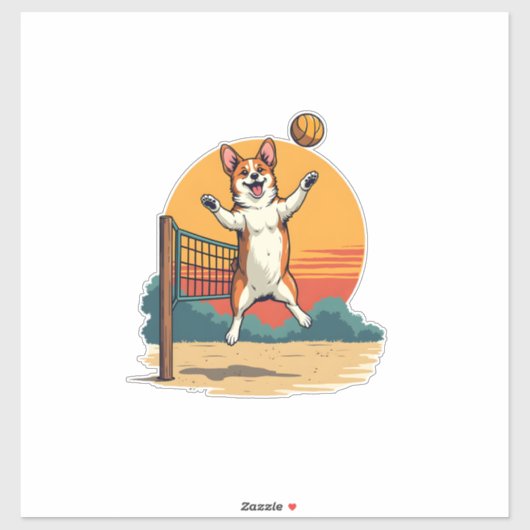Vintage Corgi Volleyball Retro Sunset Vector Illus Aufkleber (Blatt)