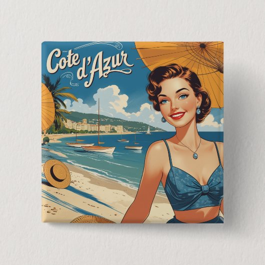 Vintage Cote D'Azur Beach Girl Button (Vorderseite)