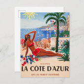 Vintage Cote D'Azur Beach Girl Einladungspostkarte (Vorne/Hinten)