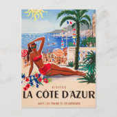 Vintage Cote D'Azur Beach Girl Einladungspostkarte (Vorderseite)