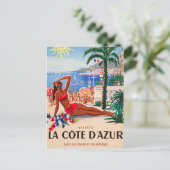 Vintage Cote D'Azur Beach Girl Einladungspostkarte (Stehend Vorderseite)
