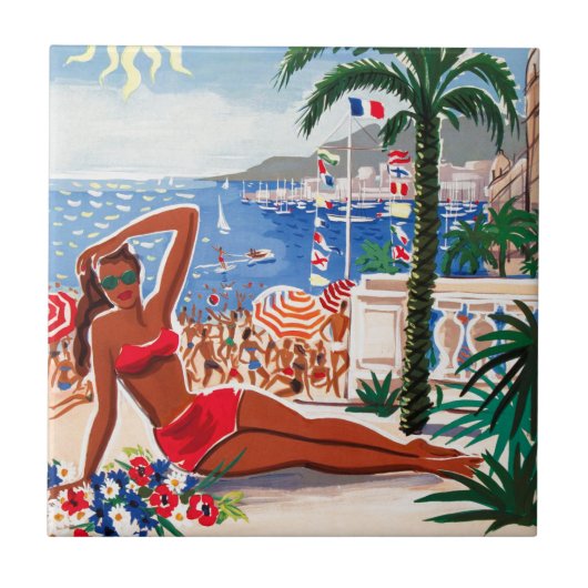 Vintage Cote D'Azur Beach Girl Fliese (Vorderseite)