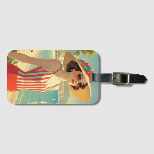 Vintage Cote D'Azur Beach Girl Gepäckanhänger (Vorderseite (Horizontal))