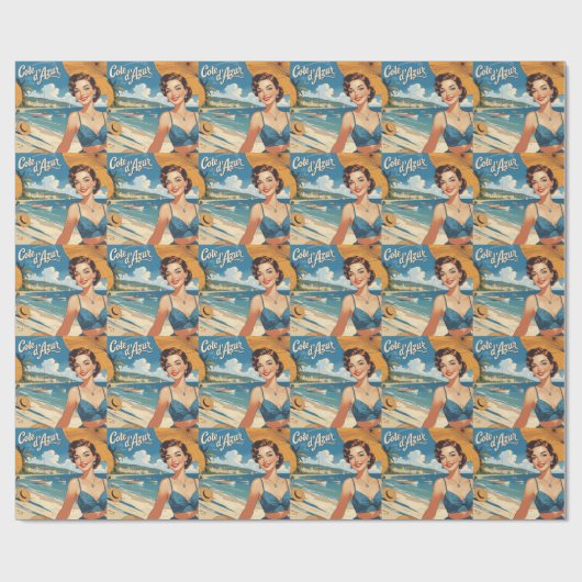 Vintage Cote D'Azur Beach Girl Geschenkpapier (Flach)