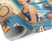 Vintage Cote D'Azur Beach Girl Geschenkpapier (Rolleneckpunkt)
