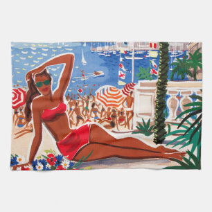 Vintage Cote D'Azur Beach Girl Geschirrtuch