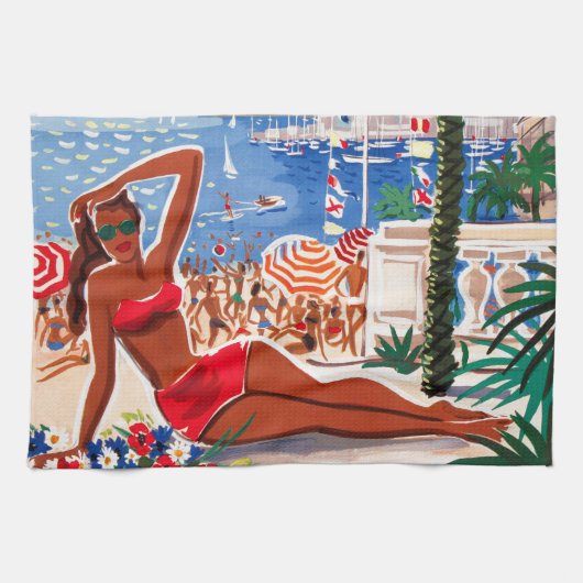 Vintage Cote D'Azur Beach Girl Geschirrtuch (Horizontal)