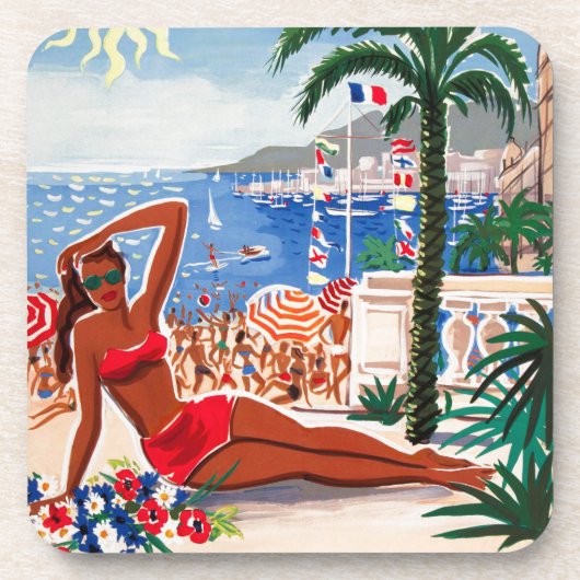 Vintage Cote D'Azur Beach Girl Getränkeuntersetzer (Vorderseite)