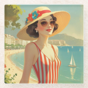 Vintage Cote D'Azur Beach Girl Glasuntersetzer