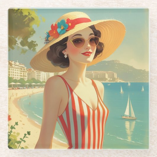 Vintage Cote D'Azur Beach Girl Glasuntersetzer (Vorderseite)